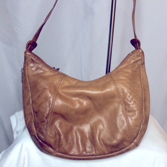 CONTESSA Vintage caramel brown genuine leather hobo style handbag. - Picture 4 of 11